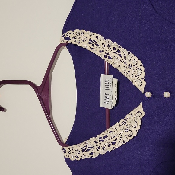 Vintage Plus Size Deadstock Royal Purple Lace Collar Dress - Picture 4 of 7